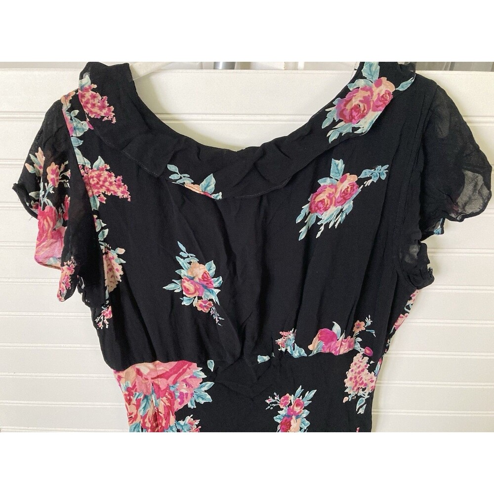 Vintage Lola P. Floral Beaded Maxi Dress XL Ruffle Bias Cut Black Romantic - Picture 7 of 13